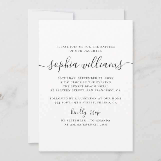 Invitation Noir et blanc simple script moderne baptême (Devant)