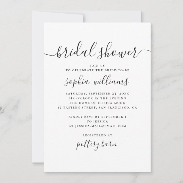 Invitation Noir et blanc simple script moderne douche nuptial (Devant)
