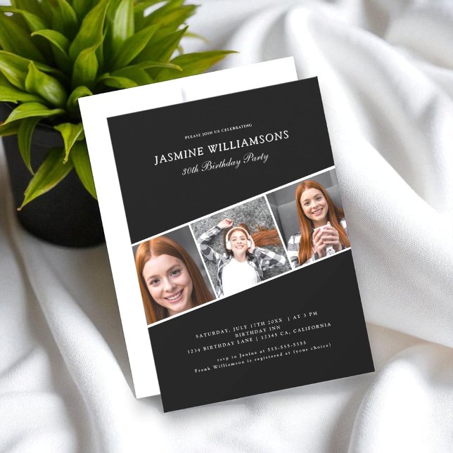 Invitation noir et blanc trois photo collage anniversaire (Créateur téléchargé)