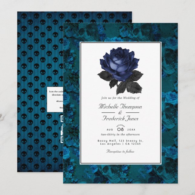 Invitation Noir et Bleu gothique Floral Code QR RSVP Mariage (Devant / Derrière)