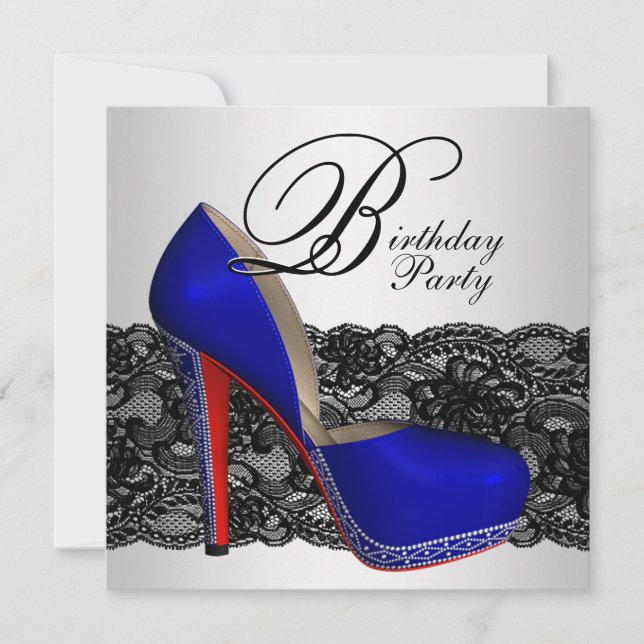 Invitation Noir et Bleu haute chaussure fête d'anniversaire (Devant)