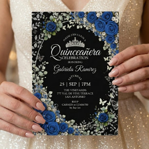 Invitation Noir et bleu royal Quinceañera papillon argenté