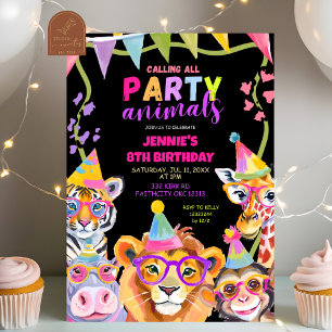 Invitation Noir et coloré Wild One Safari Animaux Birthda