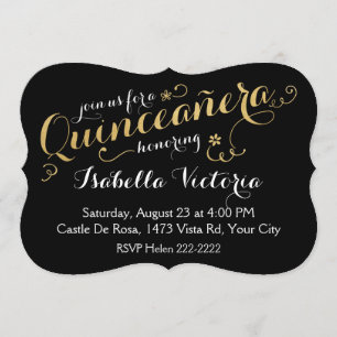 Invitation Noir et manuscrit Quinceañera d'or