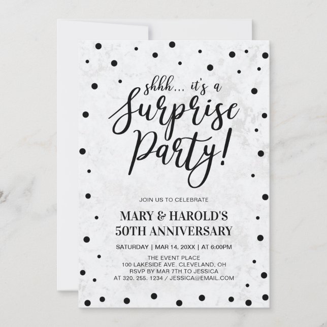 Invitation Noir et marbre | 50e anniversaire du Mariage surpr (Devant)