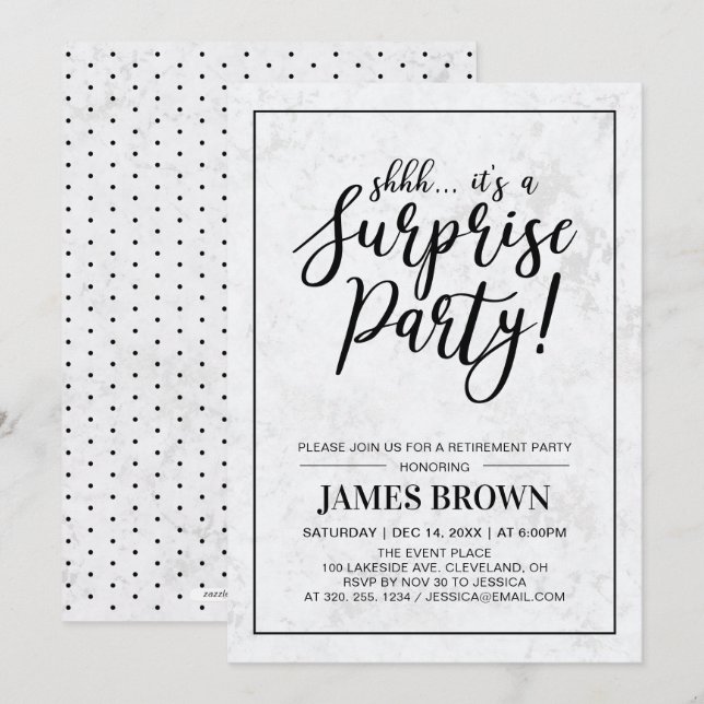 Invitation Noir et marbre | Parti de retraite surprise modern (Devant / Derrière)