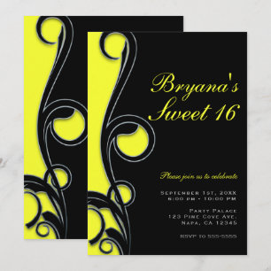 Invitation Noir et néon jaune vif tourbillonnant Fête douce 1