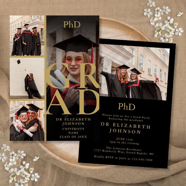 Invitation Noir et Or 5 Photo PhD Graduation Party (Black And Gold 5 Photo PhD Degree Graduation Party Invitation)
