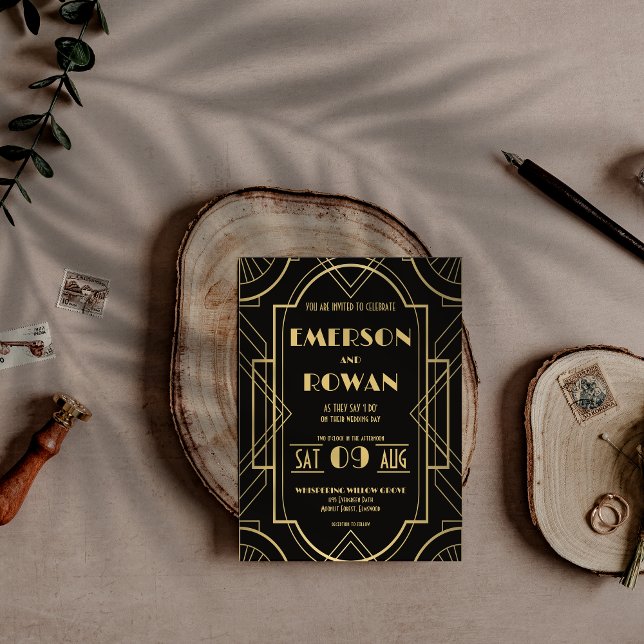 Invitation Noir et or Art déco années folles personnalisé (Classic Art Deco in Gold and black Wedding Invitaion)