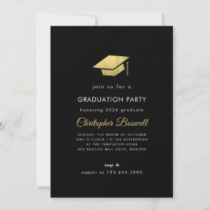 Invitation Noir et Or Casquette Pailletée de Remise des Diplô