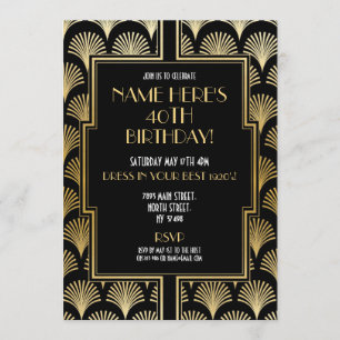 Invitation noir et or de partie de Gatsby d'anniversaire
