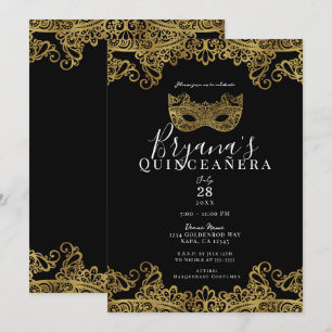 Invitation Noir et or dentelle Bal masqué 15e Quinceañera