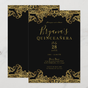 Invitation Noir et Or Dentelle Élégante Fête de Quinceañera