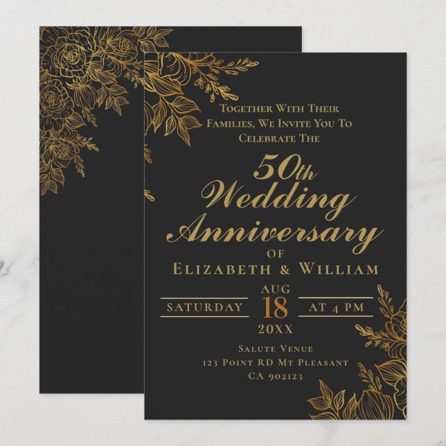 Invitation Noir et or floral mariage anniversaire (Devant / Derrière)