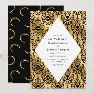 Invitation Noir et or Halloween Damask Mariage gothique