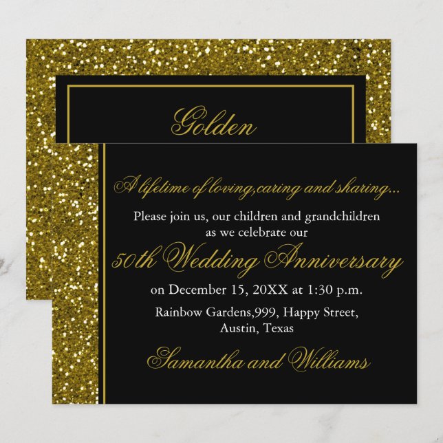 Invitation Noir et or pailleté 50e anniversaire de mariage (Devant / Derrière)