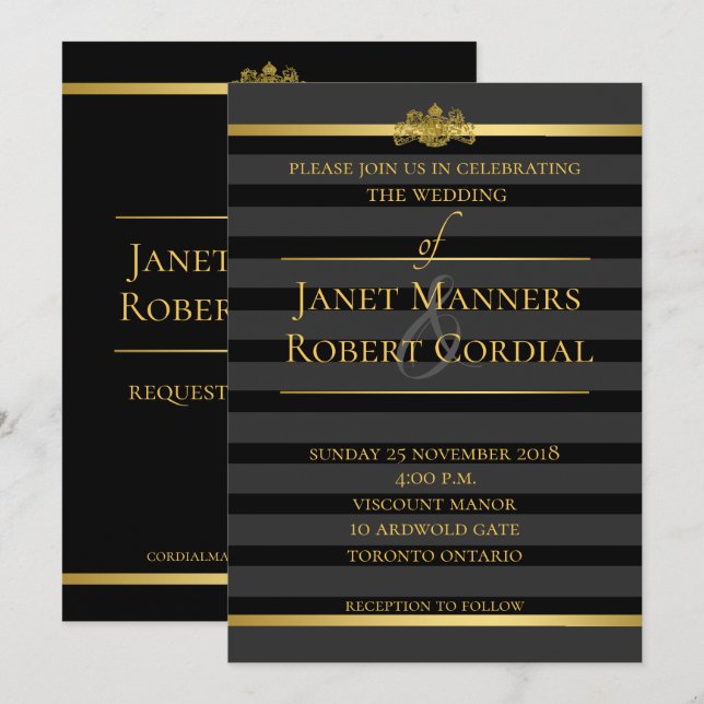 Invitation Noir et or Tuxedo Stripe Mariage élégant (Devant / Derrière)