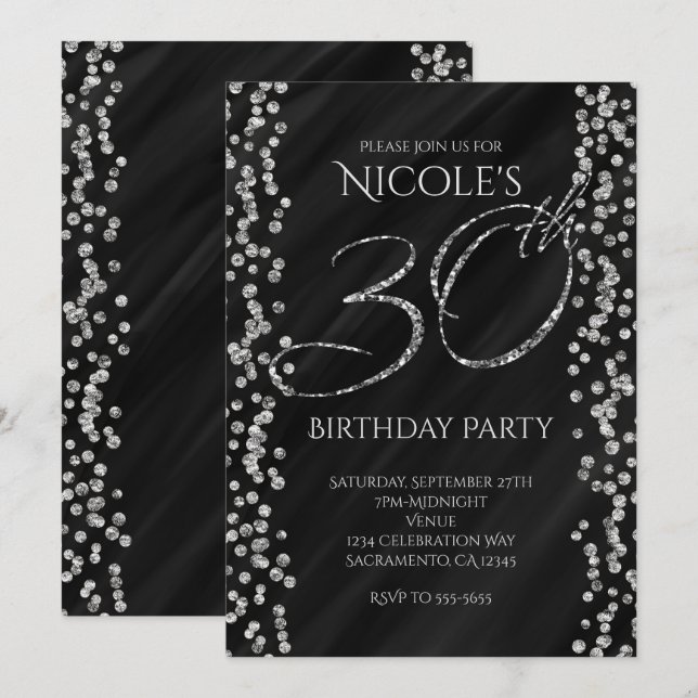 Invitation Noir et paillettes argentées Fausse Glam 30 30e An (Devant / Derrière)