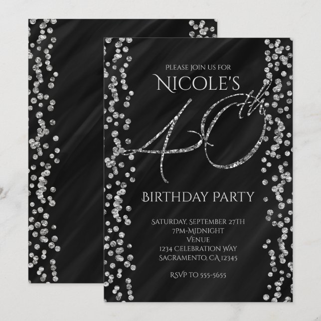 Invitation Noir et paillettes argentées Fausse Glam 40 40e An (Devant / Derrière)