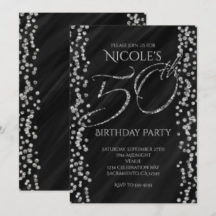Invitation Noir et paillettes argentées fausses 50 50e annive