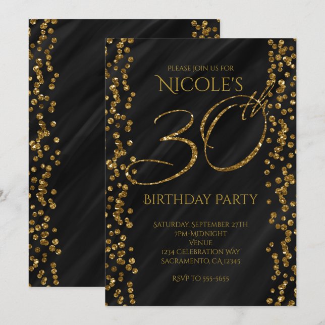 Invitation Noir et paillettes de faux or Glam 30 30e annivers (Devant / Derrière)