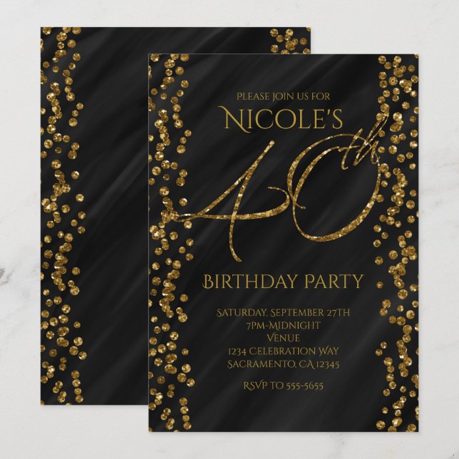 Invitation Noir et paillettes de faux or Glam 40 40e annivers (Devant / Derrière)