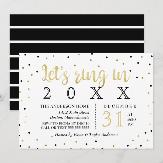 Invitation Noir et partie de nouvelle année de confettis d'or (Devant / Derrière)