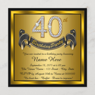 Invitation Noir et quarantième fête d'anniversaire d'or