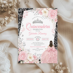 Invitation Noir et rose blush Quinceañera Papillon argenté