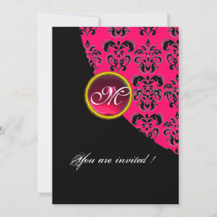 Invitation NOIR ET ROSE DAMASK MONOGRAM, rubis rouge, fuchsia