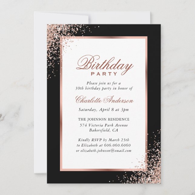 Invitation Noir et Rose Gold Confetti fête d'anniversaire (Devant)