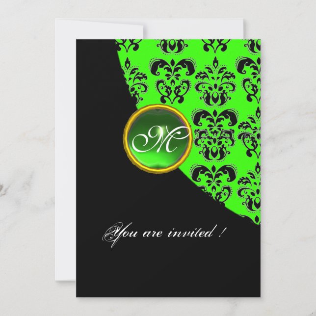 Invitation NOIR ET VERT DAMASK MONOGRAM, émeraude (Devant)