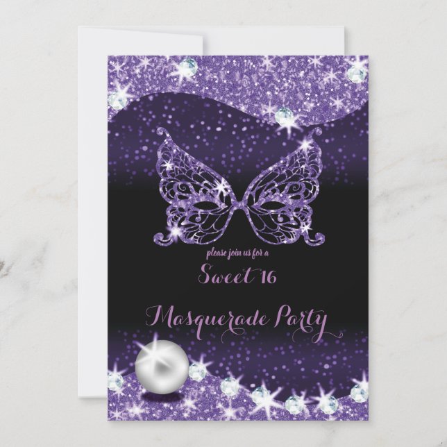 Invitation noir et violet masquerade douce 16 parties scintil (Devant)