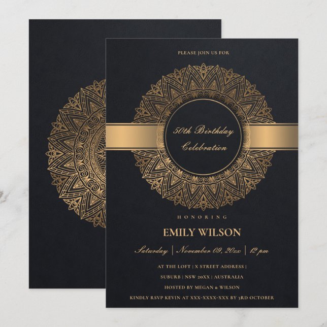 INVITATION NOIR FAUX OR MANDALA TOUTE ANNÉE 50E ANNIVERSAIRE (Devant / Derrière)