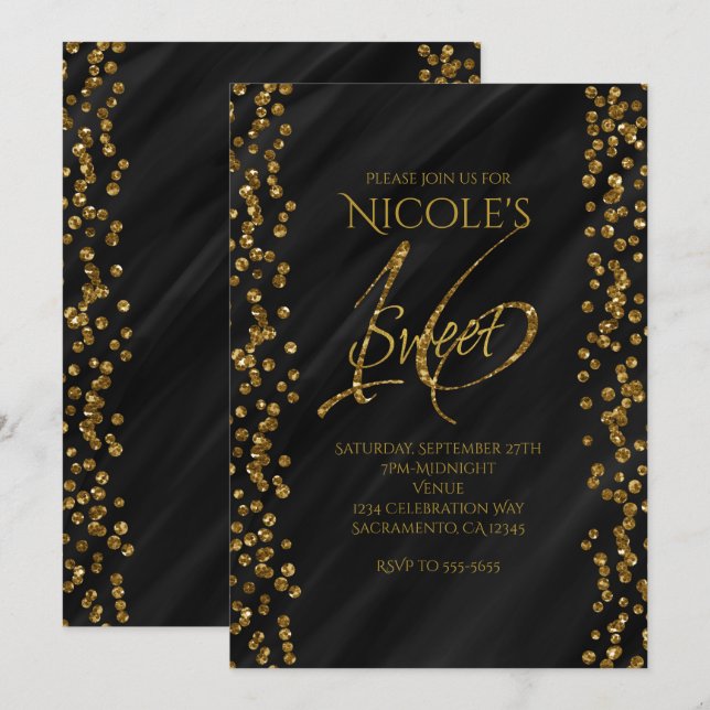 Invitation Noir & Faux Or Parties scintillant Glamour SWEET 1 (Devant / Derrière)