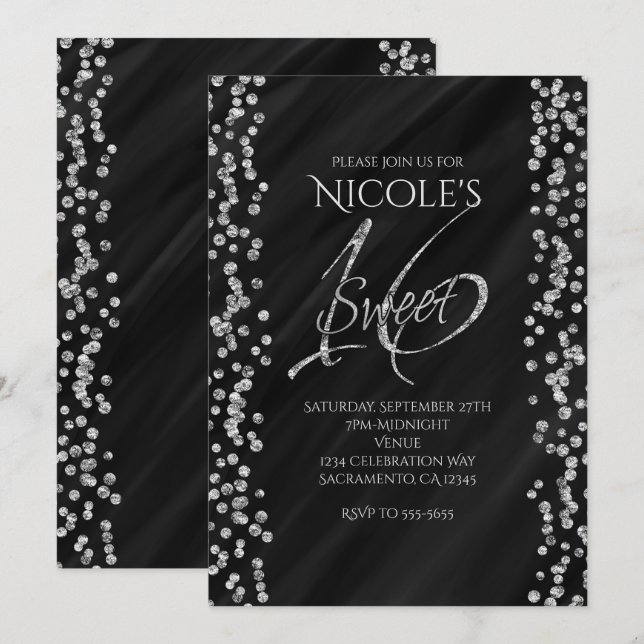 Invitation Noir & Faux Parties scintillant argent Glam SWEET  (Devant / Derrière)