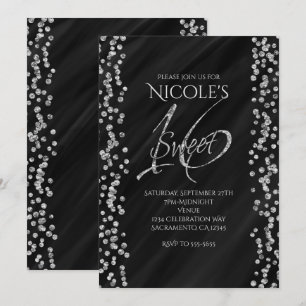 Invitation Noir & Faux Parties scintillant argent Glam SWEET 