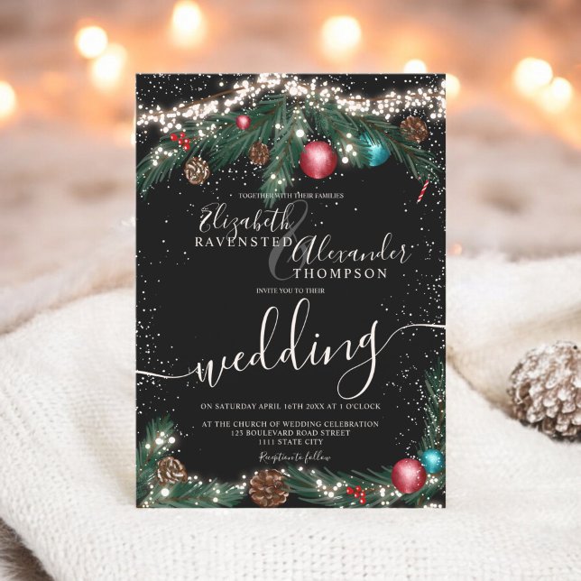 Invitation Noir feux de Noël pin branche neige mariage (Black Christmas lights pine branch snow wedding Invitation)
