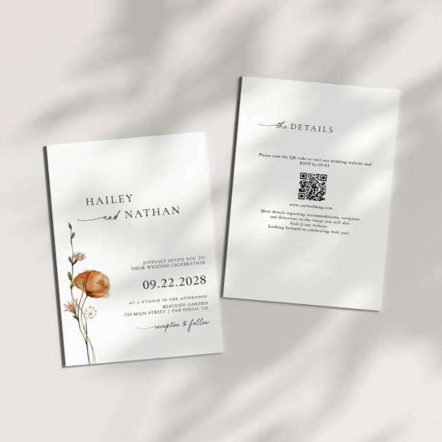 Invitation Noir fleur sauvage | Code QR blanc 2 en 1 Mariage (Créateur téléchargé)