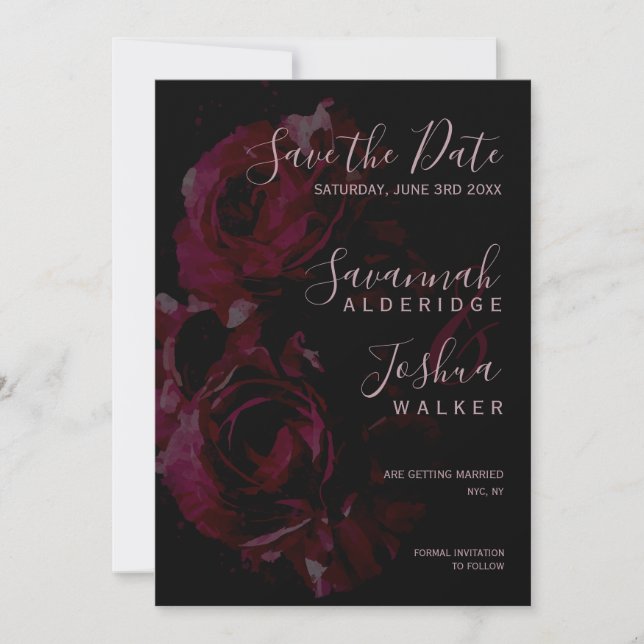 Invitation Noir Floral Aquarelle Mariage Enregistrer la date (Devant)
