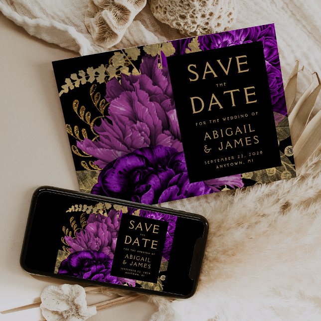Invitation Noir Floral foncé violet or mariage Enregistrer la (Créateur téléchargé)