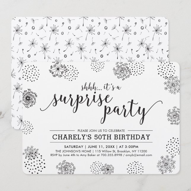 Invitation Noir | Floral Surprise moderne 50e fête d'annivers (Devant / Derrière)