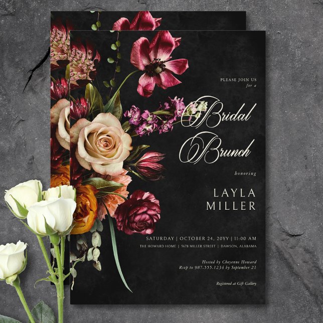 Invitation Noir foncé élégant automne Floral Bridal Brunch (Dark Elegant Black Autumn Floral Bridal Brunch Invitation)