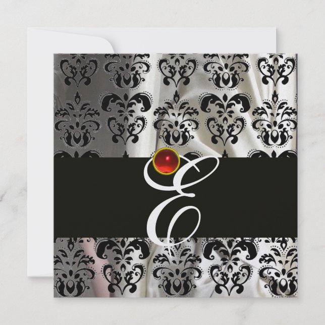 INVITATION NOIR GLACE SILK DOMMASK VÊTEMENT MONOGRAMME ROUGE  (Devant)