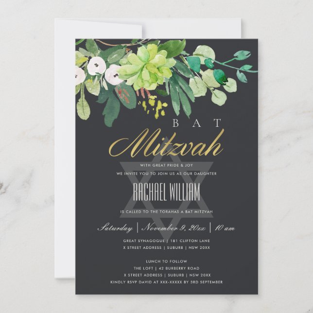 INVITATION NOIR GOLD FOLIAGE GROVE STAR BAR BAT MITZVAH (Devant)