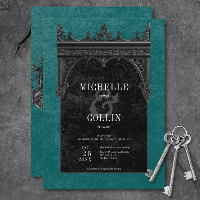Invitation Noir gothique Double Arc Rose Turquoise Mariage (Gothic Black Double Arch Black Roses Teal Wedding Invitation)