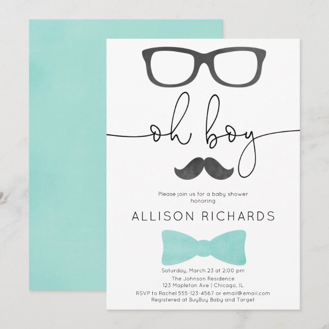 Invitation Noir gris de petit d'homme de garçon aqua de baby (Devant / Derrière)