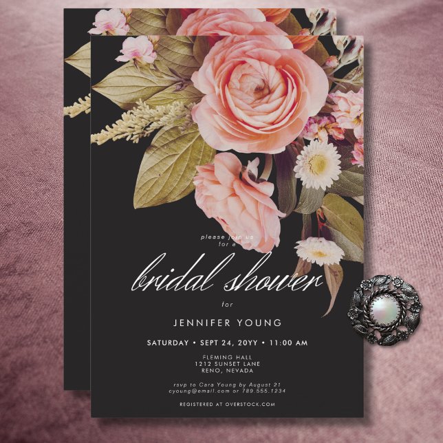 Invitation Noir Humeur Maussade Fard Rose Fleurs S'épanouisse (Black Moody Pink Blush Blooms Bridal Shower Invitation)