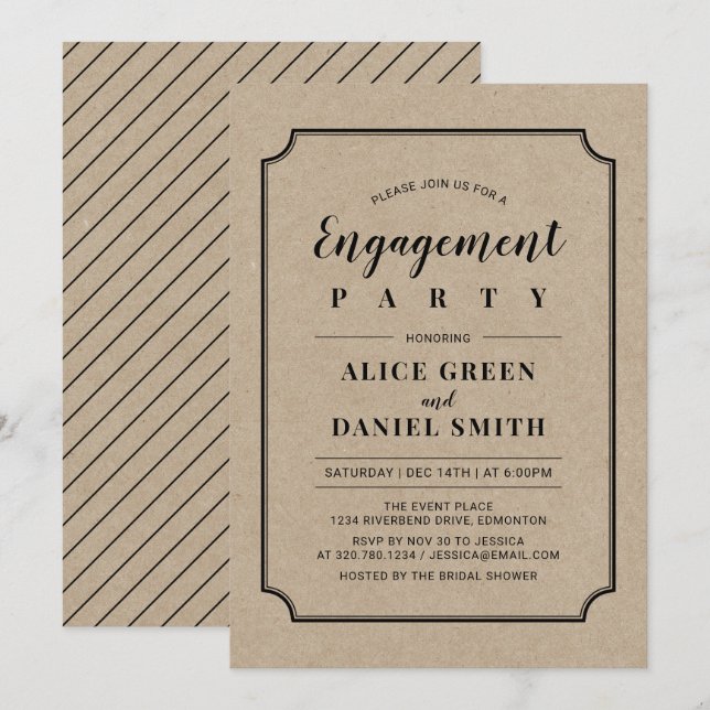 Invitation Noir & Kraft | Partie d'engagement Mariage classiq (Devant / Derrière)