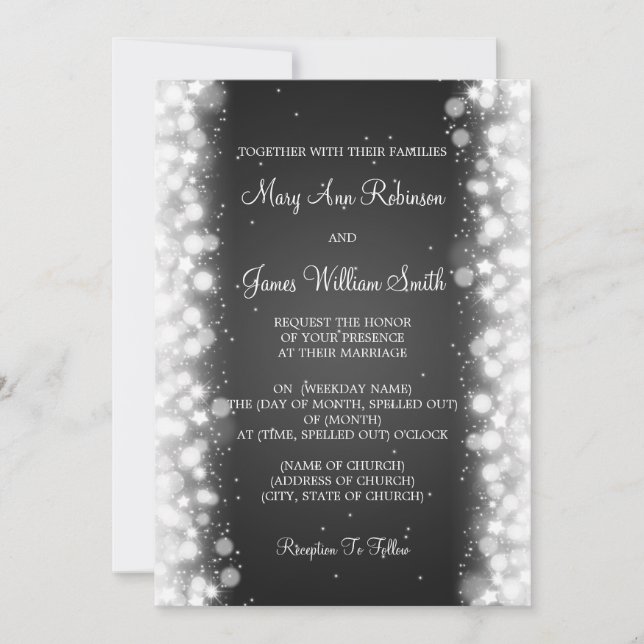 Invitation Noir magique d'étincelle de mariage élégant (Devant)